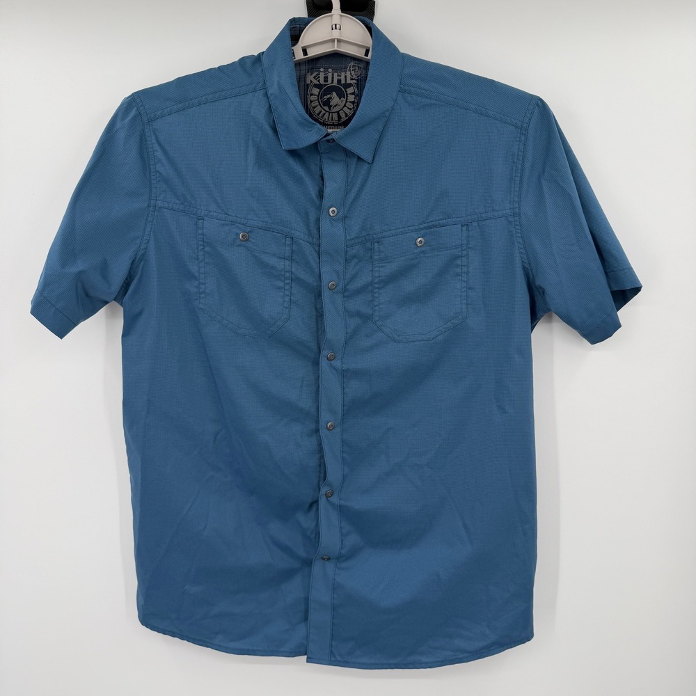Kuhl Mens Blue Short Sleeve Button Down Shirt Micro Check Pockets Size Medium
